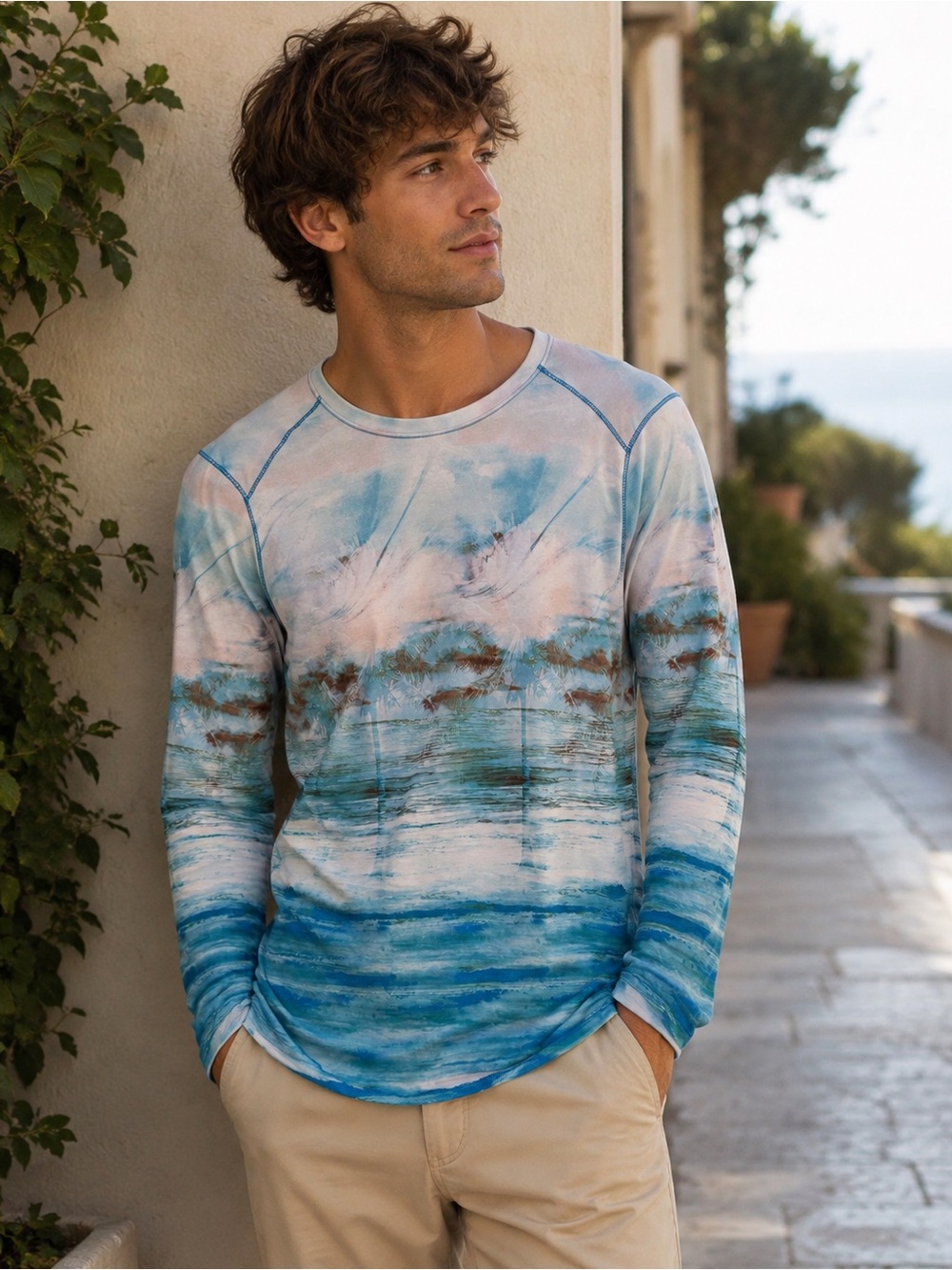 Silver Jeans Men's Coastal Tie-Dye Long Sleeve Shirt in Blue and Cream